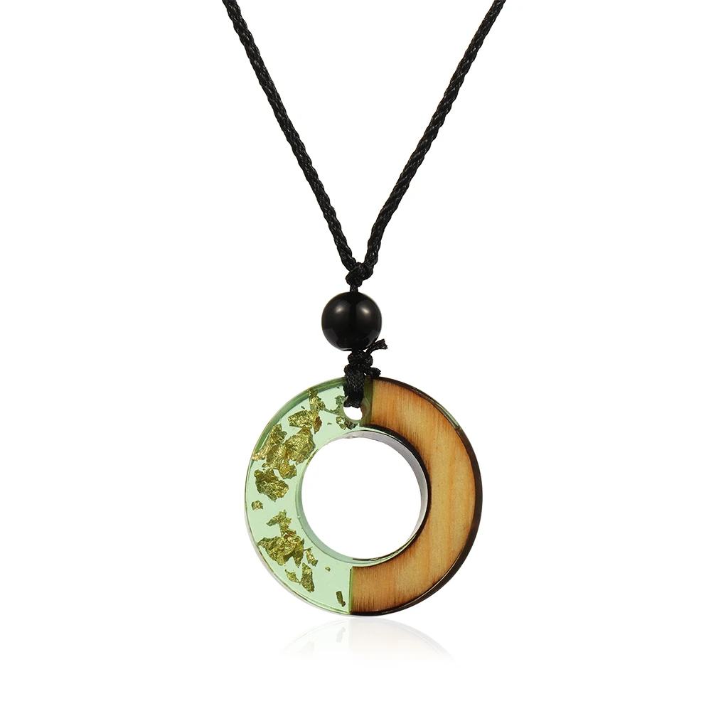 

Handmade Vintage Resin Wood Clear Pendant Necklace Long Rope Chain Round/Square Statement Necklace For Men Women Couple Jewelry