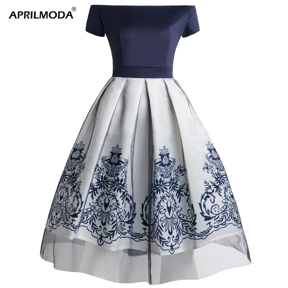 

Plus Size Women Party Dresses Summer Retro Vintage Floral Printed Sexy Slash Neck Mesh DressOff Shoulder OL 60S 50s Swing Dress