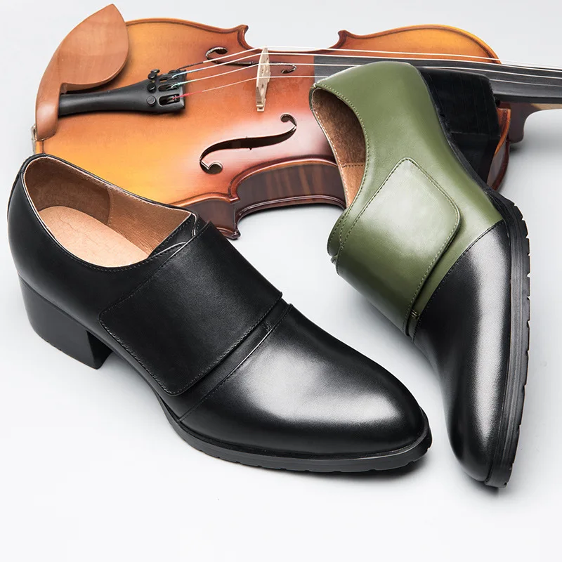 US Size 5-10 Trendy Men Pointed Toe Heels Genuine Leather Hook Loop Thick Heel Oxfords Business Man Dress Shoes Four Seasons US Size 5-10 Trendy Men Pointed Toe Heels Genuine Leather Hook Loop Thick Heel Oxfords Business Man Dress Shoes Four Seasons