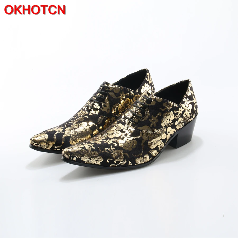 Chaussure as Saltos Apontou Estilo Ouro 1 Homme 2 Okhotcn Imprimir Sapatos Homens Toe Oxfords Couro Robustos As Macio Up Lace Pic Flor Moda p7661v
