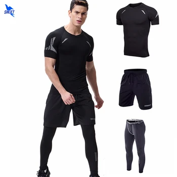

3 Pcs Quick Dry Compression Tracksuit Fitness Tight Running Set T-shirt+Shorts+Legging Sport Suit Men's Gym Sportswear Clothing