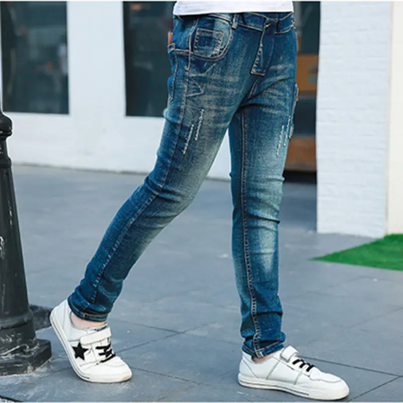 6 Children Clothing Baby Boys Jeans Ripped Kids Boy Denim Pants Scratch Teens Trousers Zipper Leather Patch Casual Elastic Waist