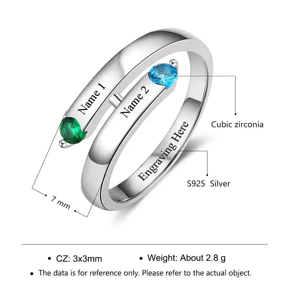 Personalized Gift Custom Engrave 2 Names & Birthstone Promise Ring 925 Sterling Silver Anniversary Jewelry (JewelOra RI103272)