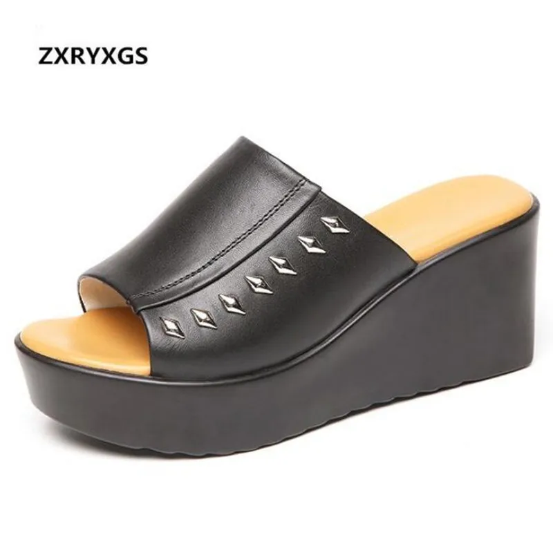 

New Cow Leather Shoes Woman Summer Sandals 2019 Fashion Wedges Shoes Women Slippers Non-slip Comfort Women Sandals Casual Shoes