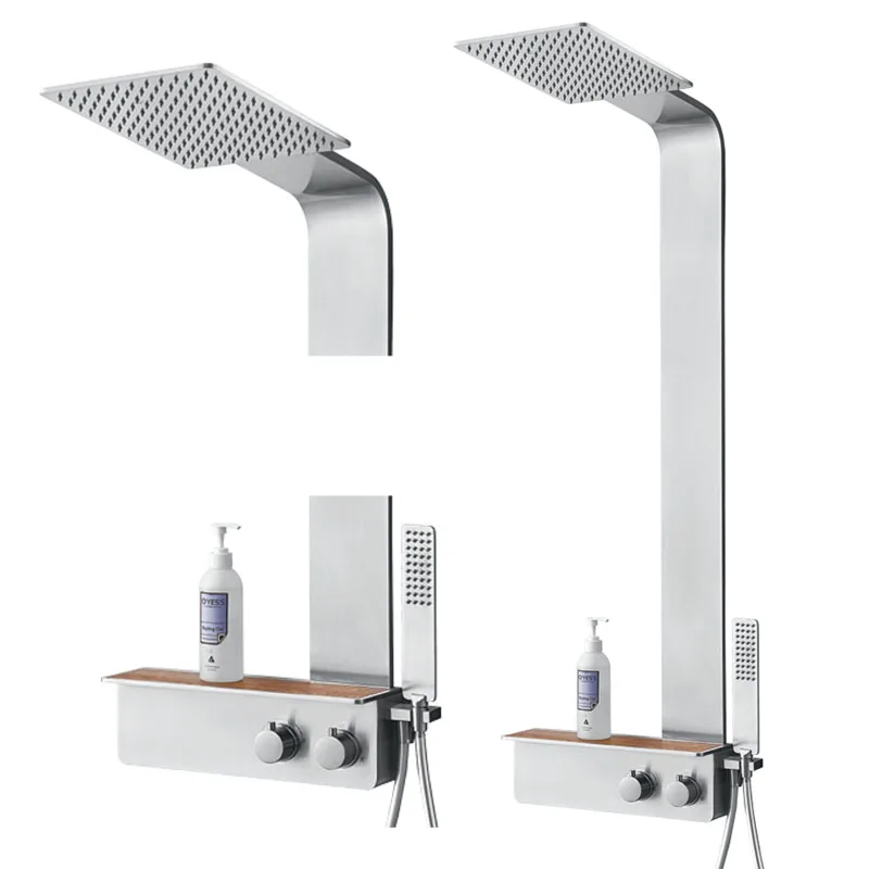 

Bathroom Shower Set Thermostatic Shower Panel Stainless Steel Column Mixer Tap Faucet With Soap Shelf SUS304 Rainfall Shower