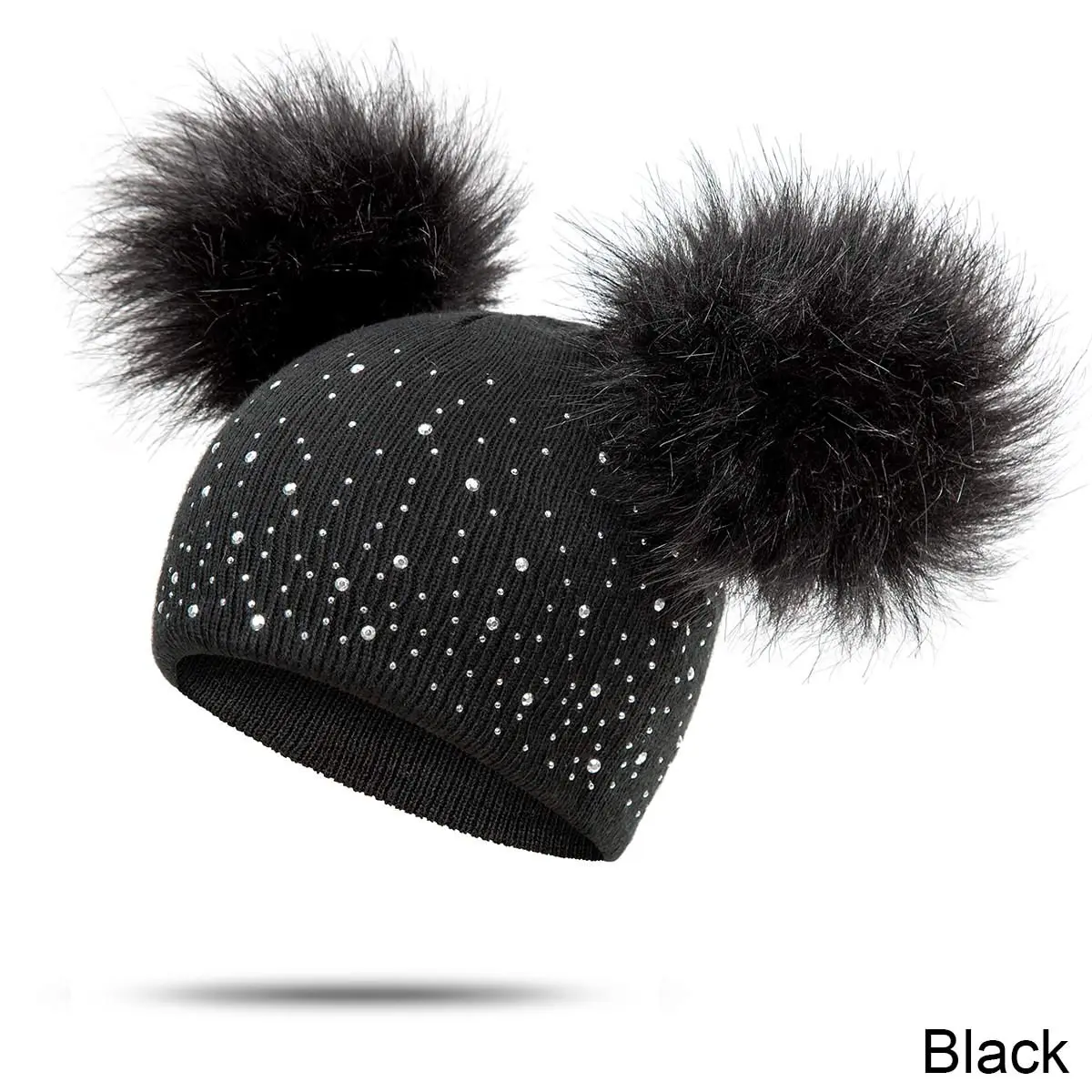 New Winter Hat Girls 2 Pompoms Boys Skullies Beanies with Bright Diamond Knit Warm Hat Boy And Girl Outdoor Cap - Цвет: black