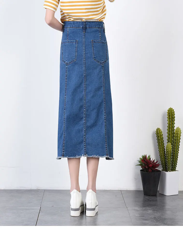 Плюс Размеры 6XL джинсовая юбка 2018 Весна Для женщин Stretch Slim Разделение линии Длинные Джинсовые юбки Высокая талия джинсы юбка Ленточки CM2810