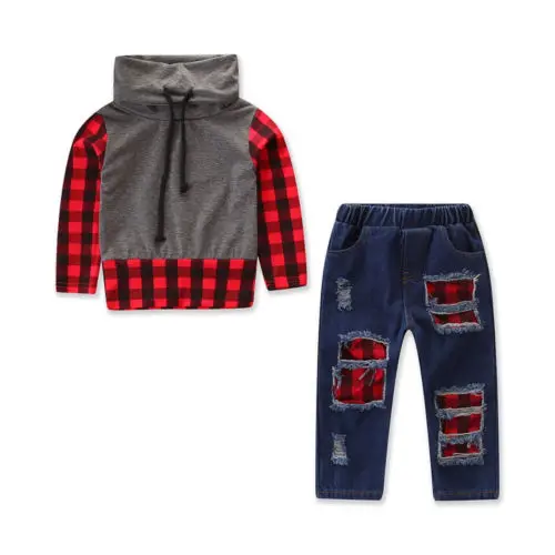  Toddler Kid Baby Boy Autumn Winter Long Sleeve Hooded Red Gray Plaid Top Shirt Blue Hole Denim Jean