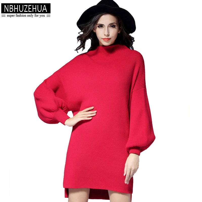 NBHUZEHUA XL 4XL 5Xl Plus Size Sweater Dress Lantern Sleeve Long Pullovers Loose Big Red Knit