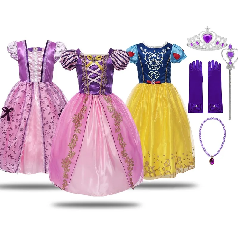 

Rapunzel Cinderella Snow White Dresses for Girls Summer Princess Cosplay Costume Children Sleeping Beauty Belle Birthday Dress