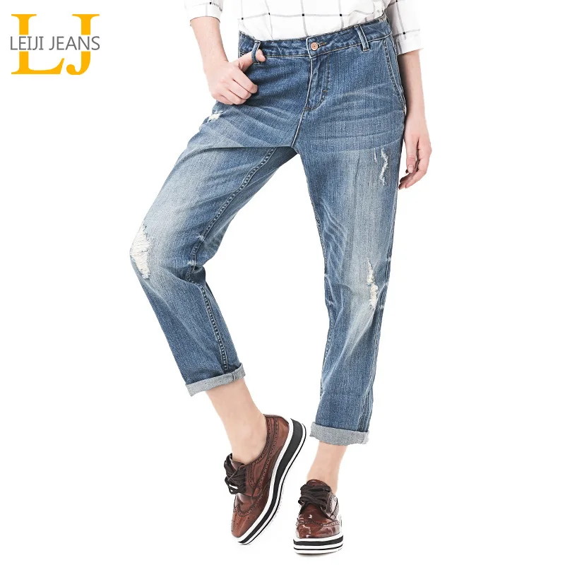 Женские свободные джинсы LEIJIJEANS модные синие винтажные рваные до щиколотки с