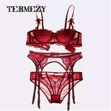 Plus Size Women Sexy Lingerie Set Embroidery Half Cup Bra Set Intimates Thin Temptation Black White