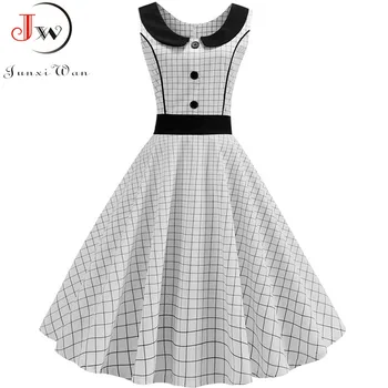 

Women Summer Plaid Print Vintage Dress Sundress 2019 Peter Pan Collor Elegant Swing Party Dresses Pin Up Rockabilly Vestidos