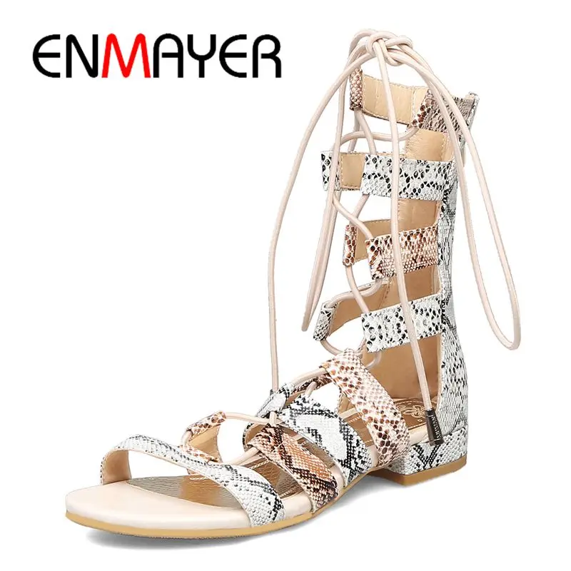 

ENMAYER PU Gladiator Women Flat Sandals Casual Lace-Up Zapatos De Mujer Women Shoes Summer Fashion Size 34-45 LY1459