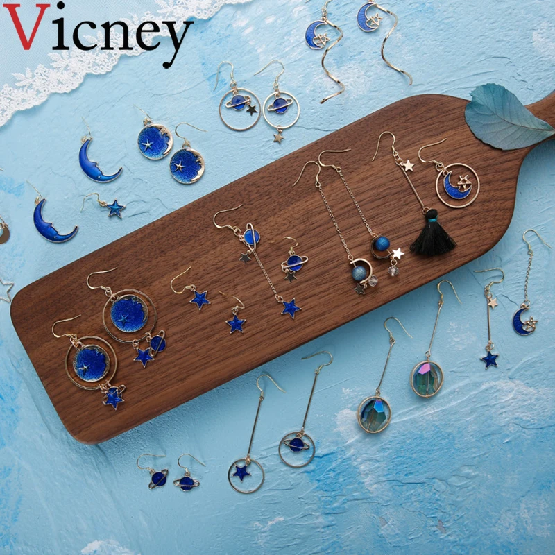 

Vicney 2019 New blue space universe star moon earrings planet asymmetric stud earrings for women jewelry valentine's day gift