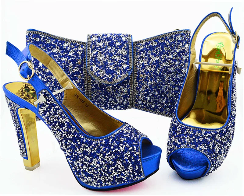 

2019 new arrival rhinestones italian shoes and bag set sandal clutches bag royal blue 5 inches high quality shoes bag SB8364-5
