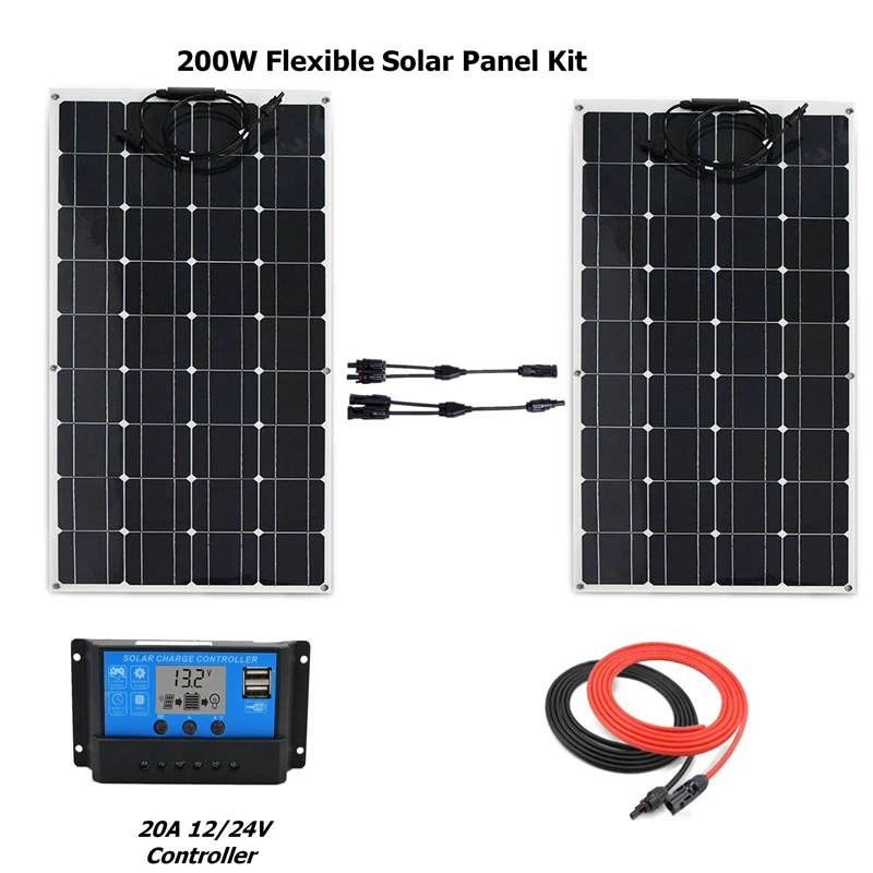 

200W Flexible Solar system Kit: 2 x 100w Monocrystalline Solar Panel+20A solar controller+solar cable+MC4 Connector