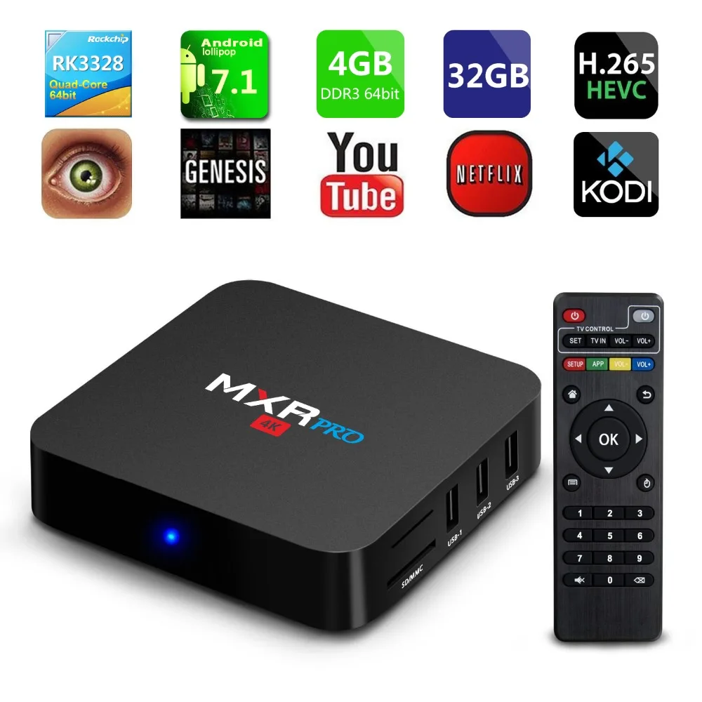 MXR PRO 4GB RAM 32GB ROM Android7.1 Smart TV Box RK3328 Quad Core Penta-Core Mali-450 2.4GHz WiFi VP9 H.265 UHD MXRpro 4K Player MXR PRO 4GB RAM 32GB ROM Android7.1 Smart TV Box RK3328 Quad Core Penta-Core Mali-450 2.4GHz WiFi VP9 H.265 UHD MXRpro 4K Player