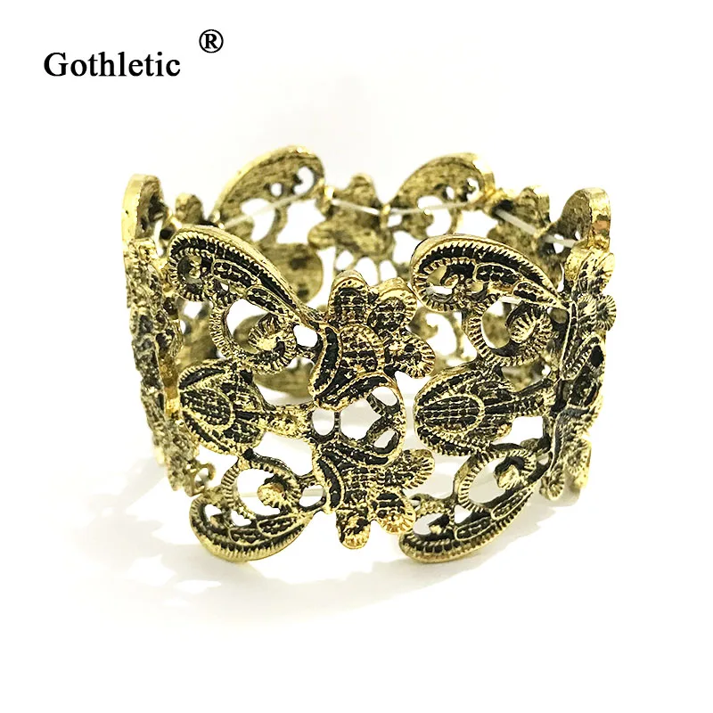 

Gothletic Antique Silver/Gold Color Rhinestone Engrave Metal Flower Bracelets & Bangles Vintage Jewelry