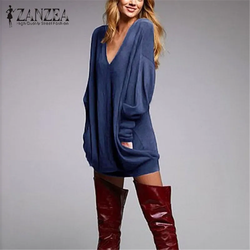 

ZANZEA Plus Size Women Dress 2019 Autumn Winter Sexy V Neck Loose Short Mini Dresses Feminino Casual Long Sleeve Party Vestidos