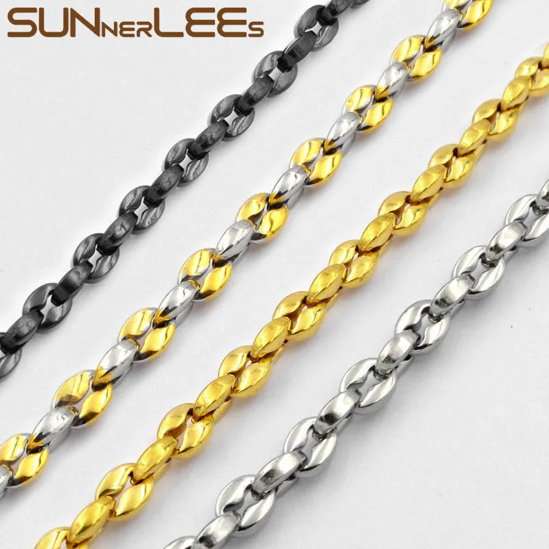

SUNNERLEES Stainless Steel Necklace 3~5mm Coffee Beans Link Chain Silver Gold Black Men Women Fashion Jewelry Gift SC35 N
