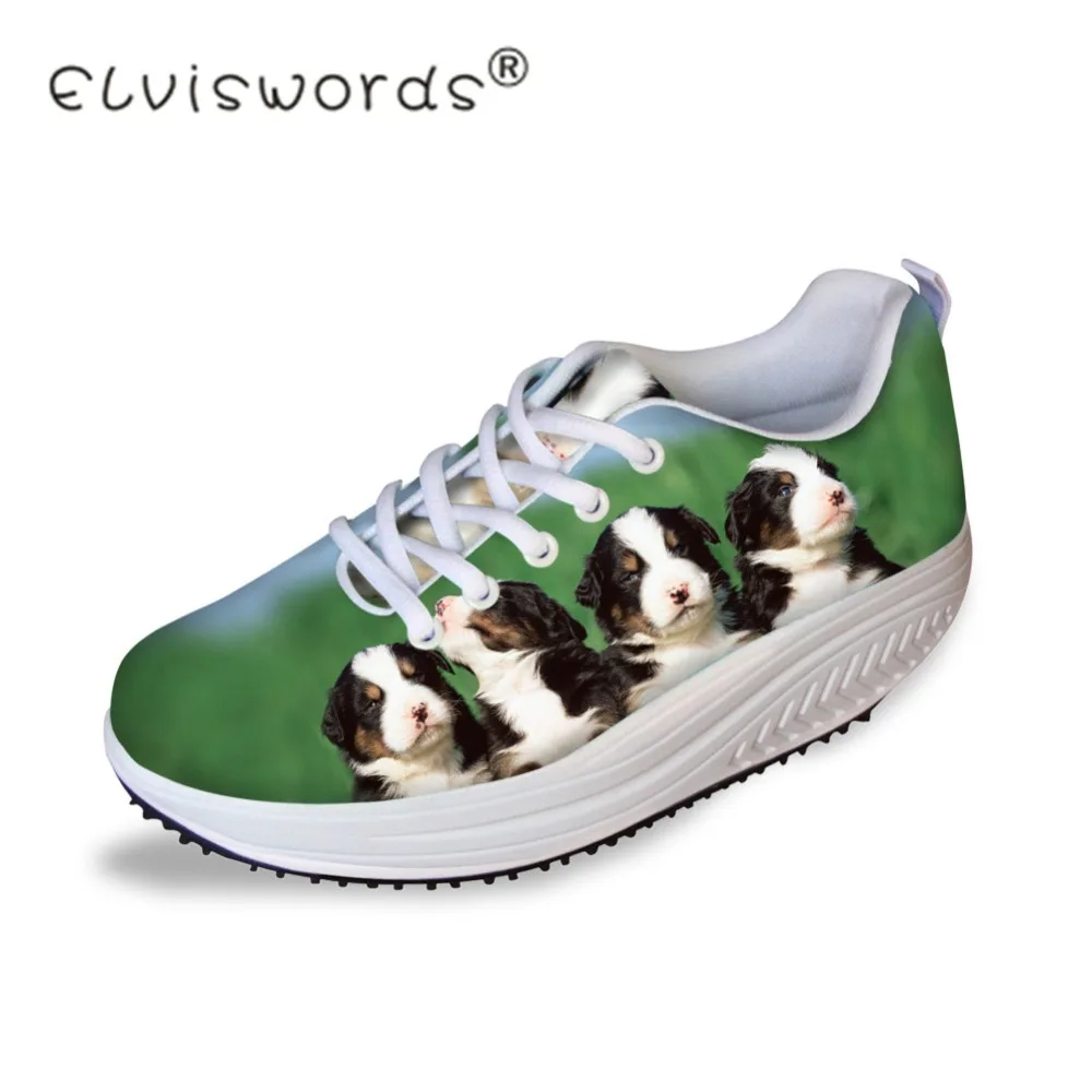 

ELVISWORDS Cute Puppy Dog Printed Woman Casual Height Increasing Shoes Ladies Breathable Lace-up Platform Swing Shoe for Student