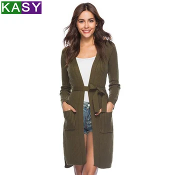 

2019 Knitted Open Stitch Black Long Cardigan Winter Spring Slim Wrap Sashes Sweater Cardigans with Belts Casual Knitwear Coats