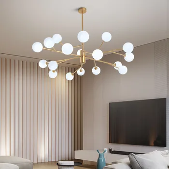 

Modern golden LED chandelier Glass ball lighting Nordic bedroom deco fixtures Iron art living room restaurant hanging lamp