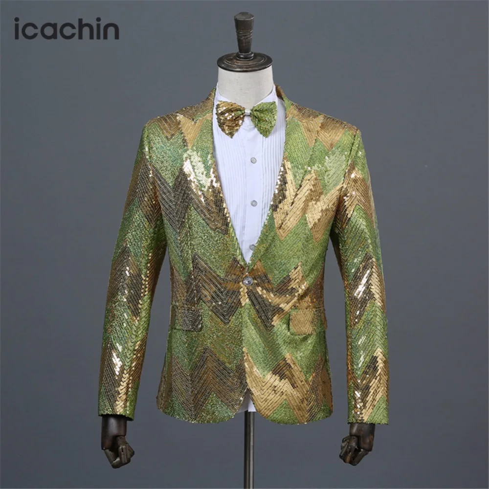 Bi color Green and Gold Sequin Blazer Masculino Blazer Men Vestido de