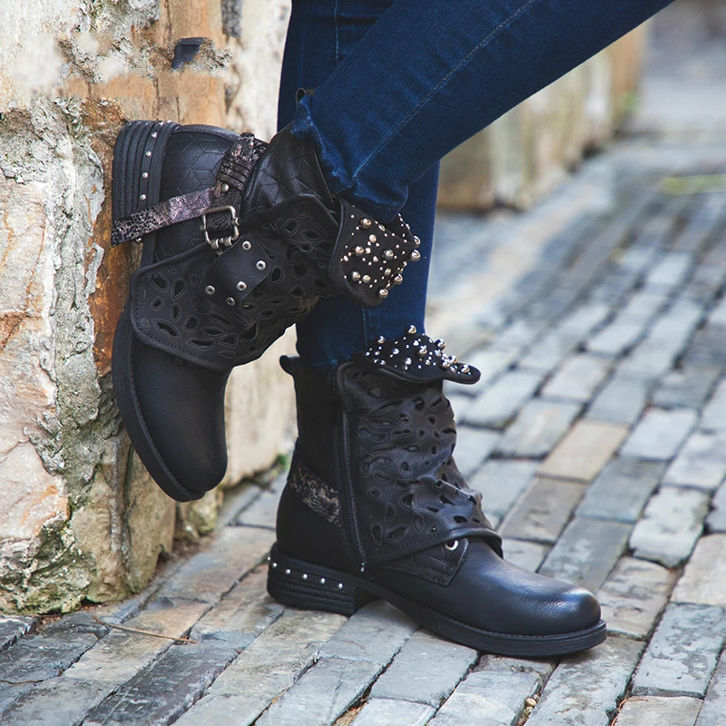 

Women Rhinestone Winter Boots Zipper Rivet Buckle Lace-up Ankle Western Boots Cowboy Round Toe Women Shoes