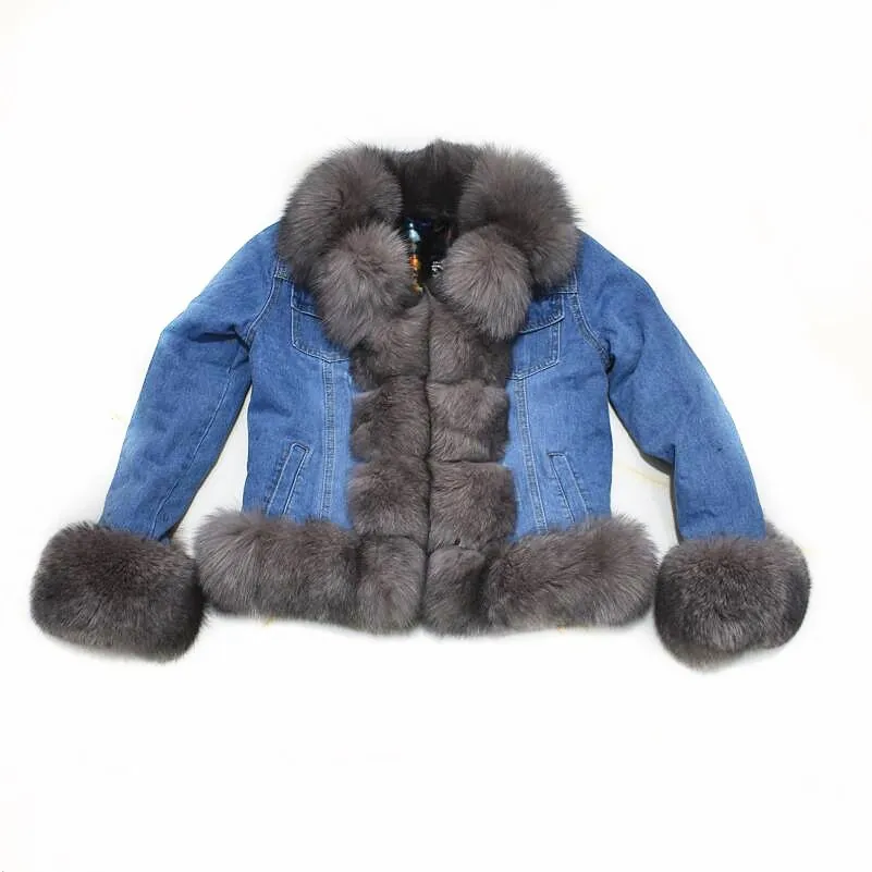 Женская джинсовая куртка из натурального Лисьего меха, костюм Parker из натурального меха кролика, зимняя теплая Модная Повседневная одежда в европейском стиле
