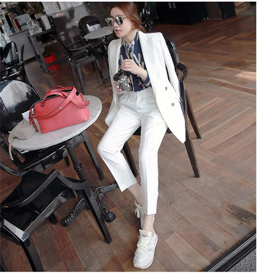 Double Breasted Solid Blazer Jacket  Zipper Pant OL Suit Women Long Sleeve Business Suits Outfits 2018 Two Pieces Sets