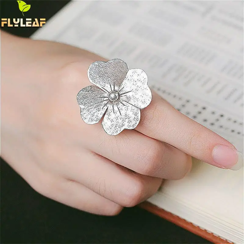 

Flyleaf 925 Sterling Silver Rings For Women Personality Simple Folk-custom Big Flower Fashion Fine Jewelry Open Ring Vintage
