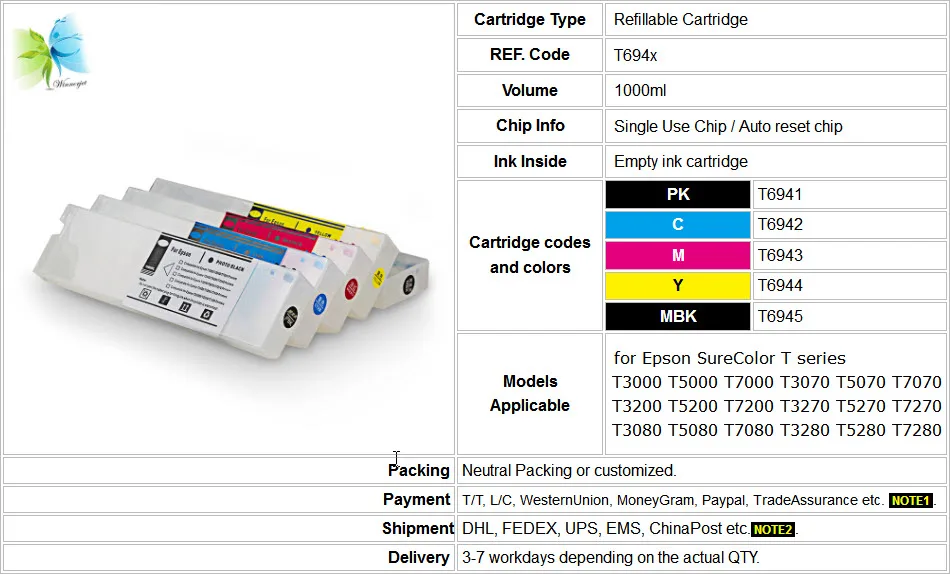 WINNERJET 1000 мл 5 цветов многоразового картридж с микросхема автоматического сброса для принтера Epson T3200 T5200 T7200