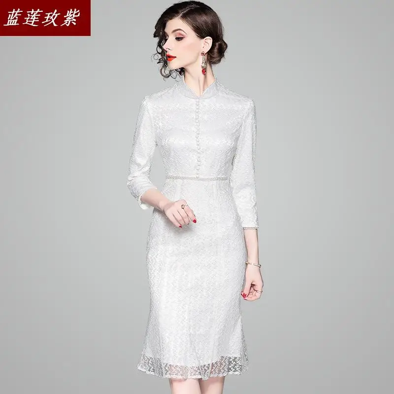 

Dresses Summer 2019 New chinese Style Ladies Hand-ordered Beads Slim Embroidery Dress female fashion short sleeve Fishtail dress