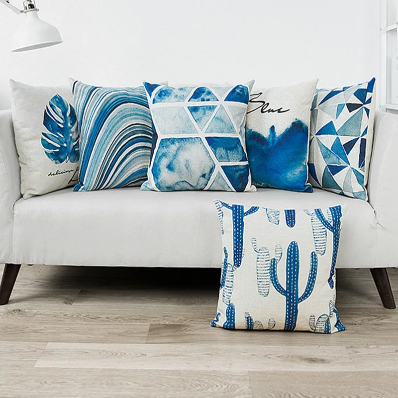 Wholes Vintage Blue Watercolor Cushion Cover Geometric Cactus Vintage Blue Watercolor Cushion Cover