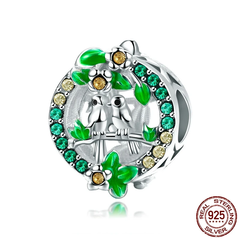 

MYBEBOA 925 Sterling Silver Charms Fit original Pandora Bracelets Necklaces Thorn Birds Green CZ Beads Jewelry