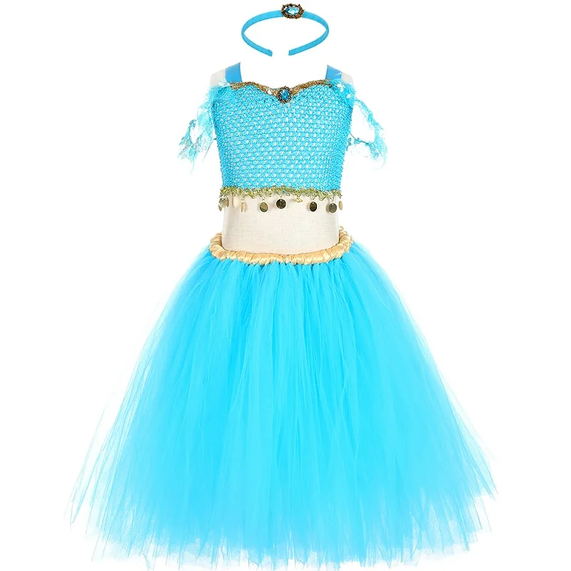 Платье-пачка принцессы жасмин с повязкой на голову, бирюзовая принцесса из Аладдина, костюм, комплект для девочек, Хеллоуин вечеринка в честь Дня рождения, платье - Цвет: Небесно-голубой