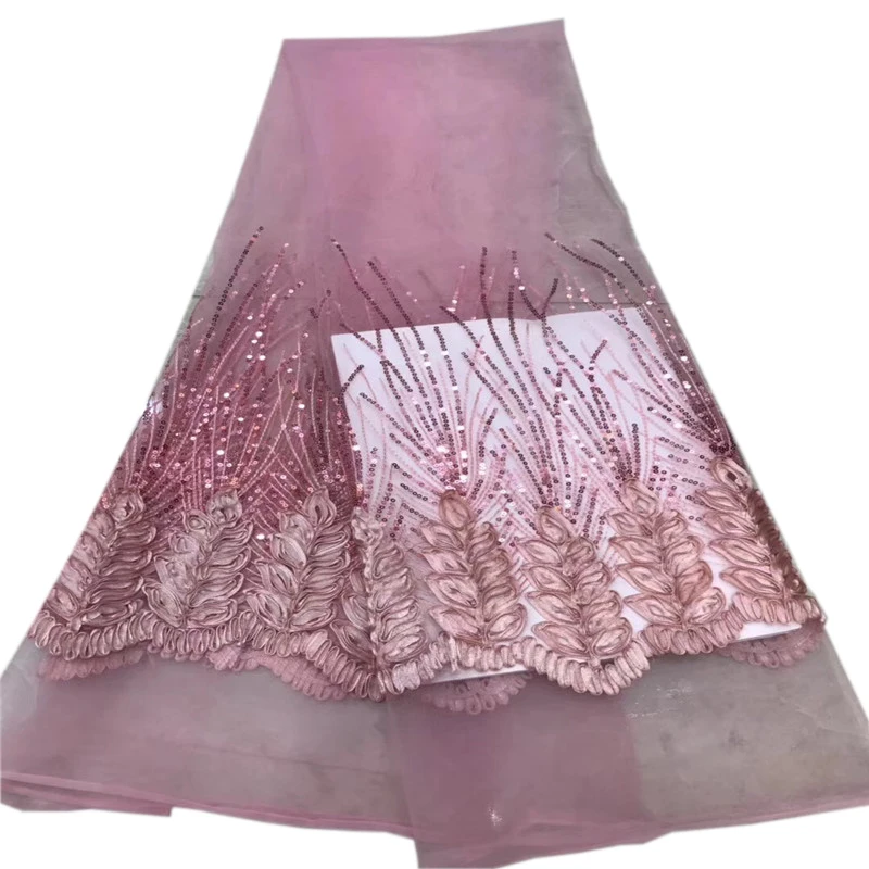 Pink Color Nigerian tulle lace fabric For Wedding Dress With Squins French Mesh Lace Fabric HX1168-2 | Дом и сад