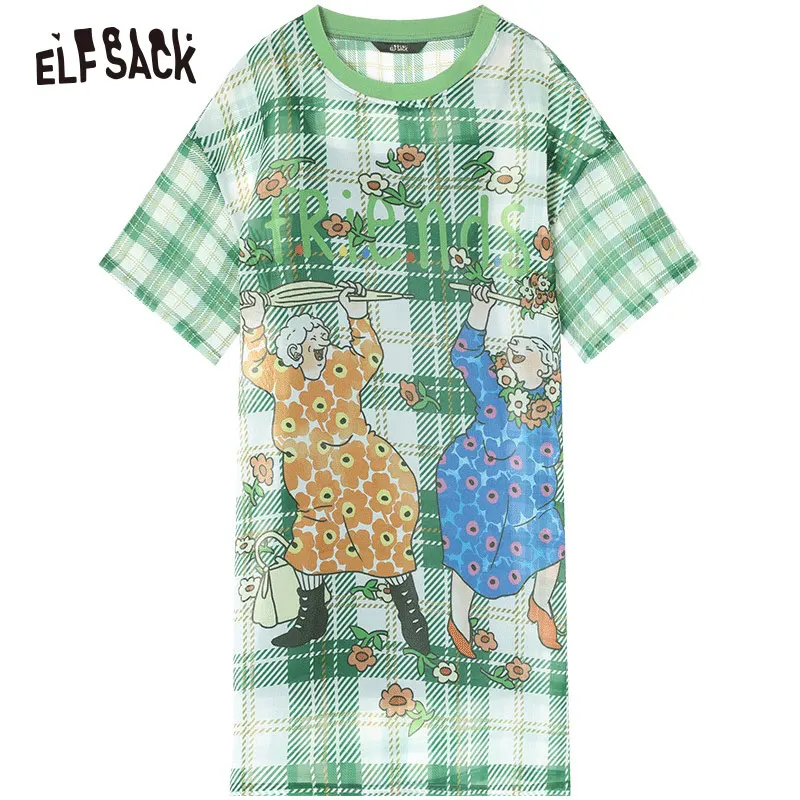 ELFSACK, винтажное зеленое клетчатое женское платье для вечеринки, мода, летнее платье с мультяшным принтом и круглым вырезом, большие размеры, повседневные женские праздничные платья