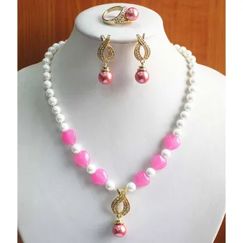 

fine Lovely Wonderful word 8mm Mixed Color Pearl/Heart stone Necklace Earring Ring(6 7/8/9) gem women's jewelry