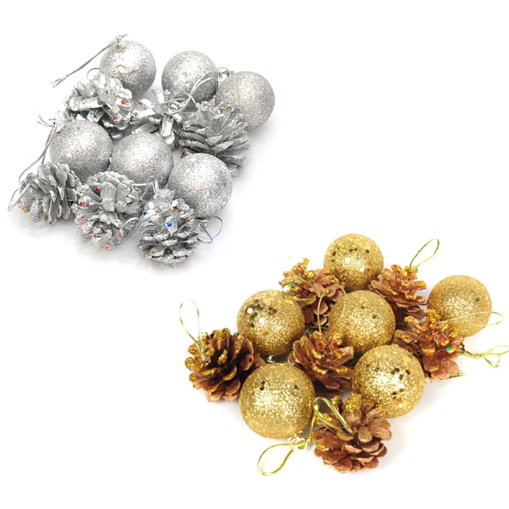 

12pcs Christmas Tree Hanging Balls Gold Silver Pine Cone Color Drawing Decorations Ball Xmas Christmas Decoration For Home