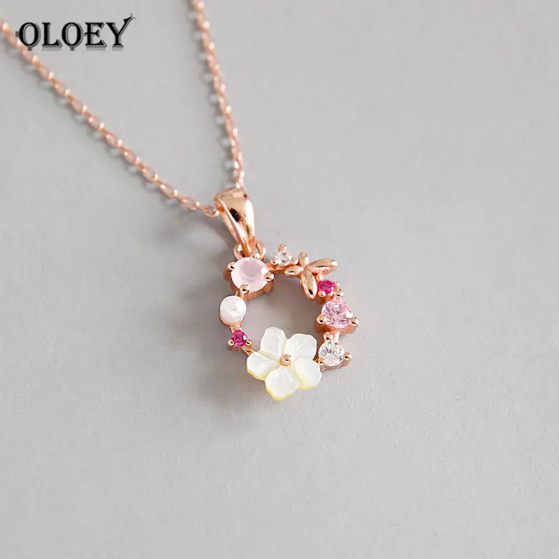 

OLOEY 100% Genuine 925 Sterling Silver Pendant Necklaces Pink Flower Garland Zircon Chain Necklace for Women Fine Jewelry YMN112