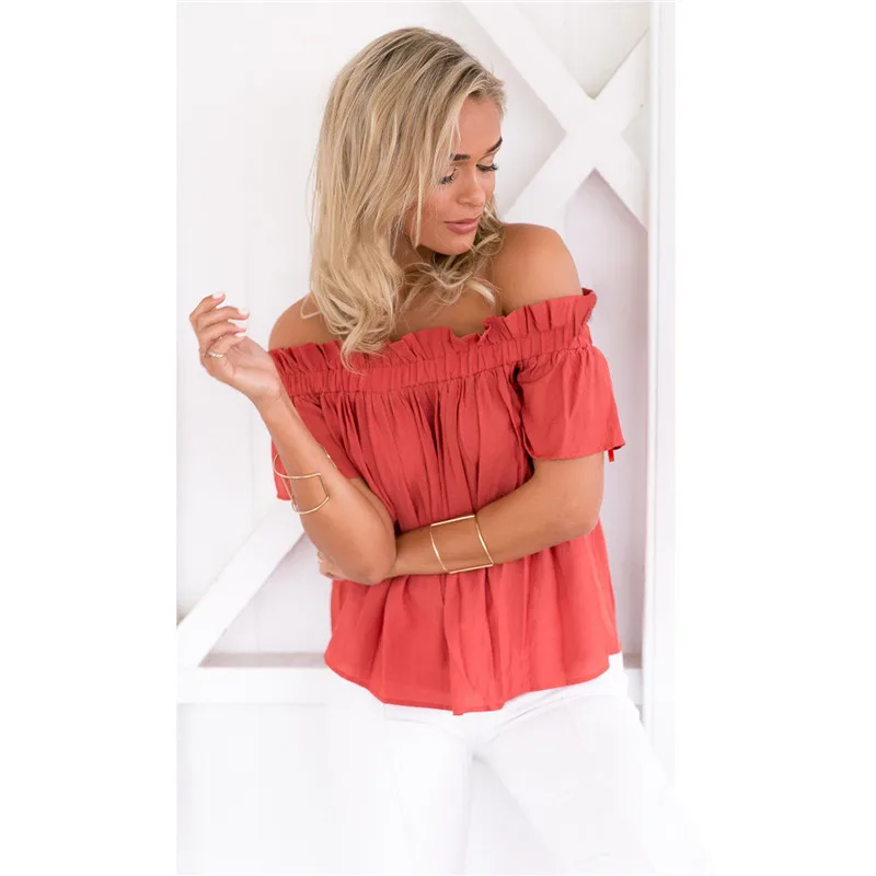 Off Shoulder Blouse Shirt Women Tops Ruffles Sexy Chiffon Blouse Elastic Collar Summer Top Chemise Femme Blusas11