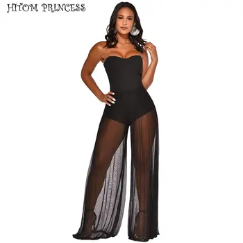 

HITOM PRINCESS Summer Off Shoulder Strapless Bodycon Jumpsuit Women Rompers Mesh Club Party Sexy Playsuit Overalls