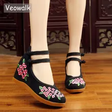 Veowalk/женские парусиновые туфли на плоской платформе с вышитыми цветами и двумя ремешками в стиле ретро; Повседневная Удобная хлопковая обувь на толстой подошве