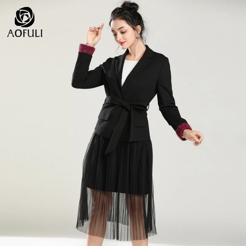 Женский блейзер AOFULI L ~ 3XL 4XL 5XL комплект из двух предметов с юбкой черный костюм