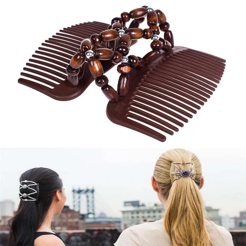 

1 Pcs Natural Wood Elastic Hairpin Stretch Hair Comb Vintage Beaded Magic Hair Comb Clip For Women Girls Styling Tools