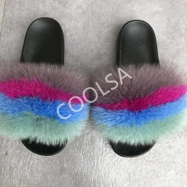 Women's Summer Fur Slippers Indoor Warm Fluffy Plush Home Shoes Woman Real Fox Hair Fur Slides Furry Sandals Female Flip Flops