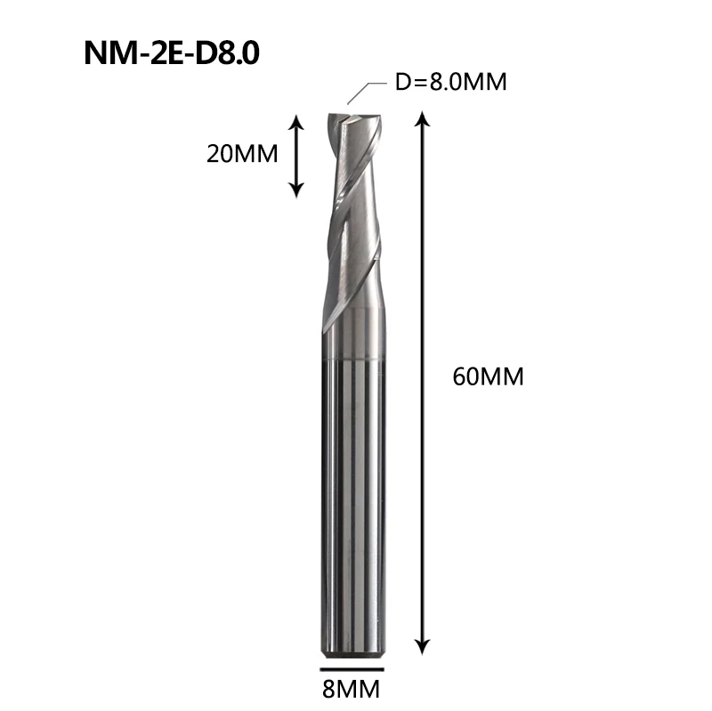 NM-2E Вольфрамовая сталь 2 Флейта с квадратным покрытием Концевая мельница с ЧПУ Фрезерный резак режущие инструменты для обработки меди и алюминиевого сплава - Длина режущей кромки: NM-2E-D8.0